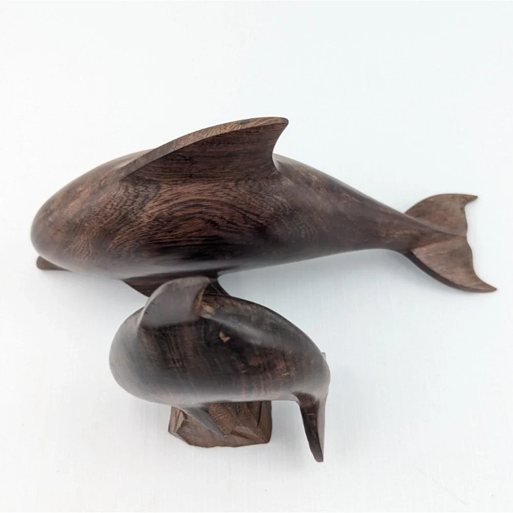 Set 2 Vintage Hand Carved Ironwood Dolphin Sculptures Figures Dolphins 9" and 5" - Picture 6 of 12